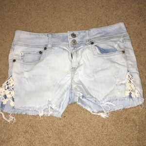 Crochet Detail Lightwash Denim Shorts